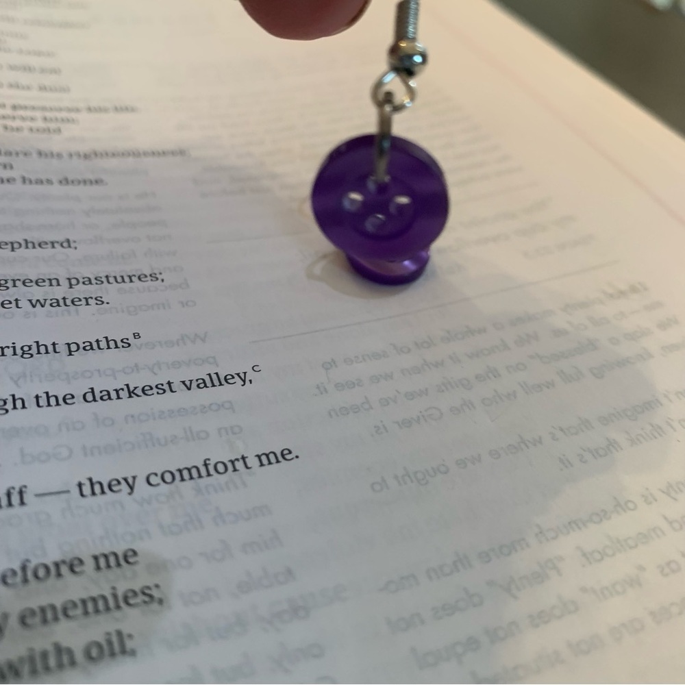 Handmade Purple Button Dangling Earrings - Picture 3 of 6